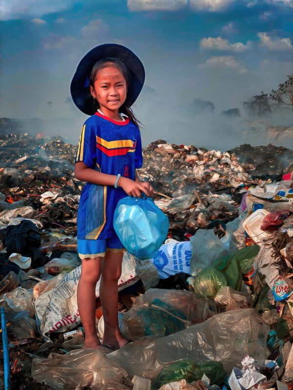 Girl in hat standing on trash at a landfill in Cambodia