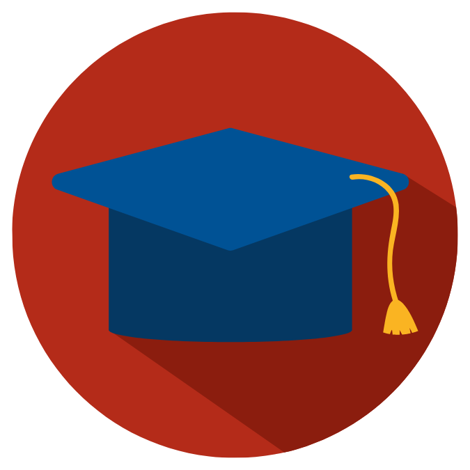 Blue graduation cap in red circle graphic