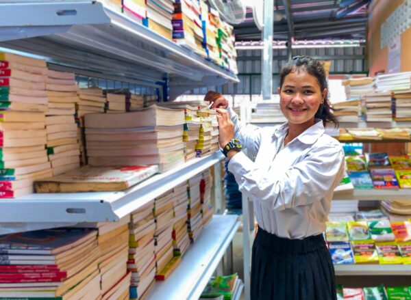 Teen girl in a school library in Cambodia