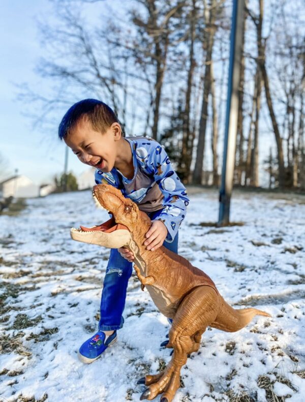 Boy laughing with a toy dinosaur in the snow