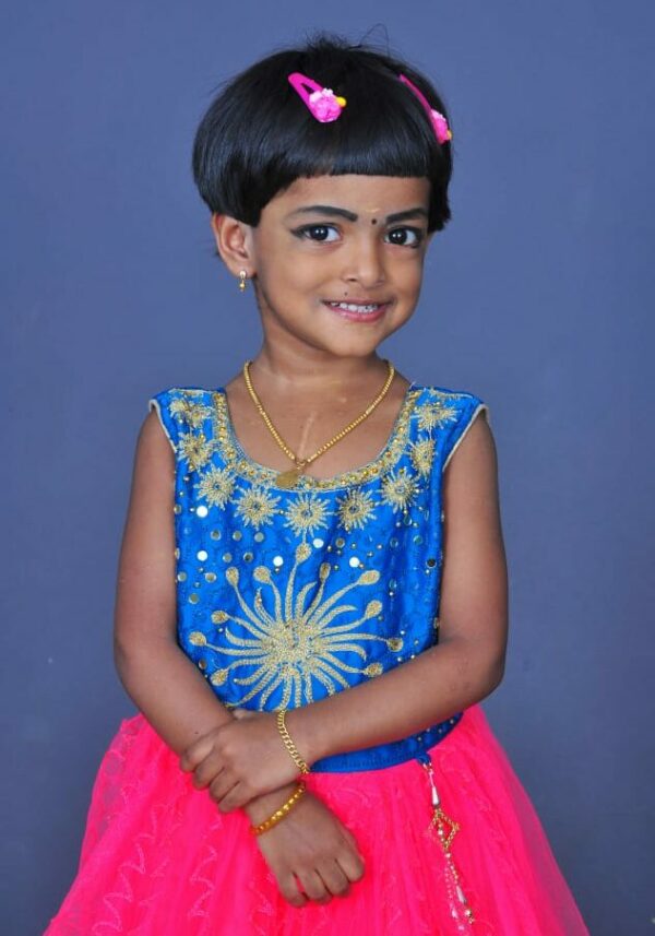 Little girl from India with pink barrettes dressed in a colorful dress